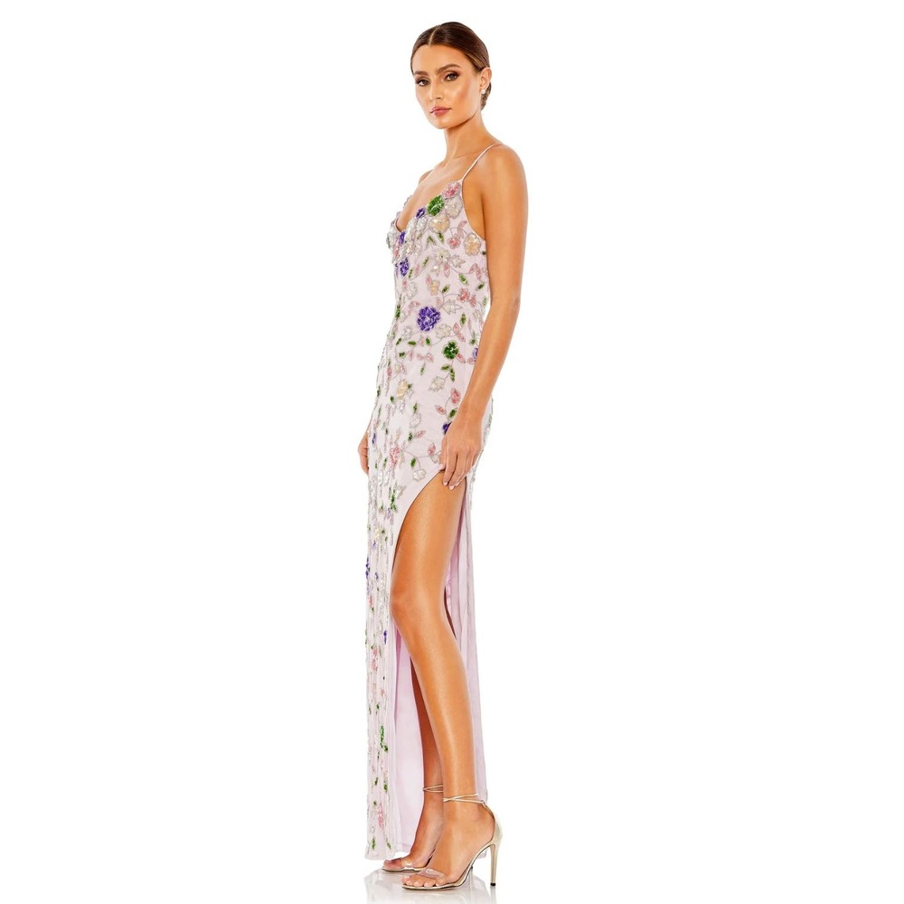 Mac Duggal Embellished Lace Sleeveless V Neck Gown Lilac Multi 10893 Size 4 New - Picture 2 of 16